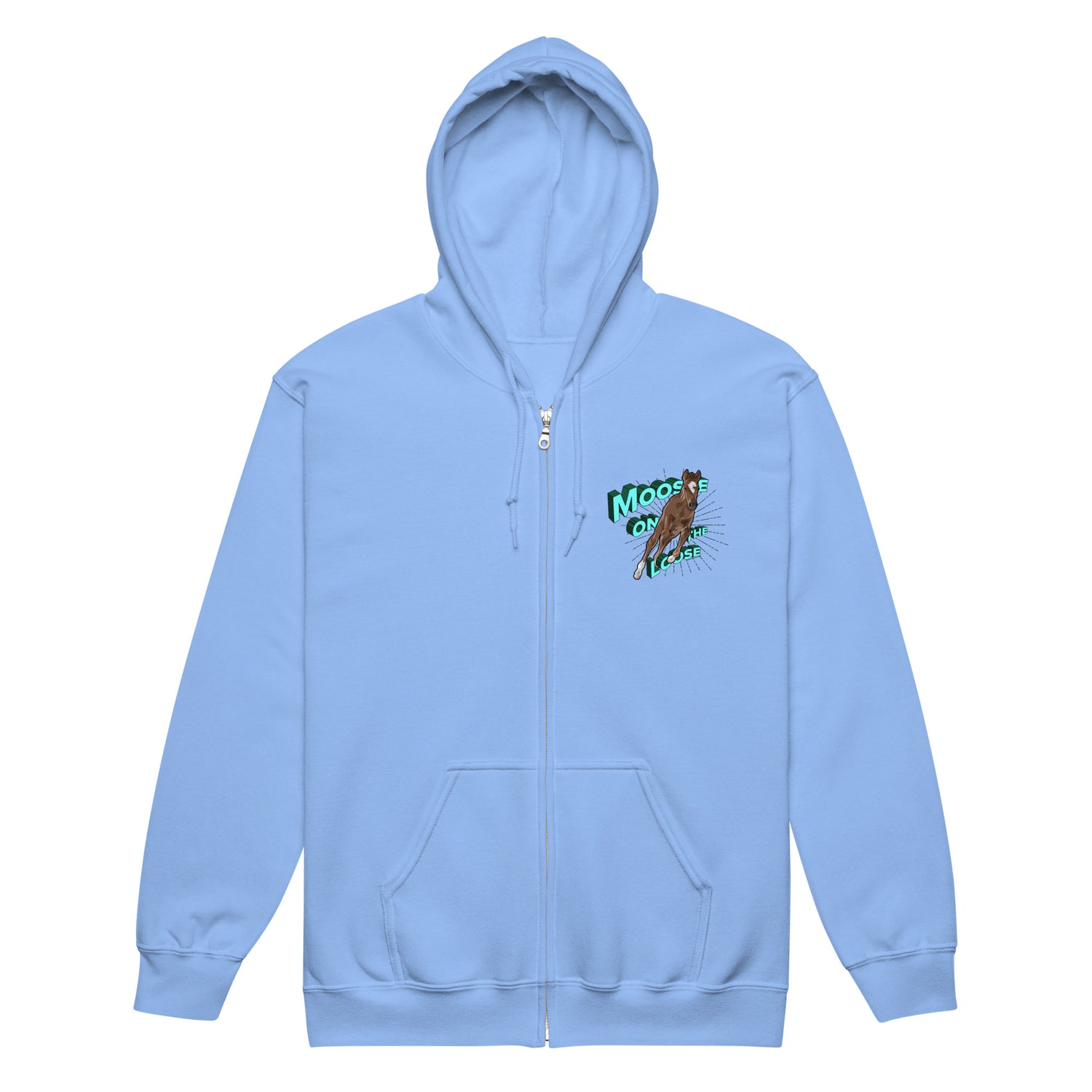 Moose On The Loose Zip-Up Hoodie by Katie Van Slyke - Carolina Blue