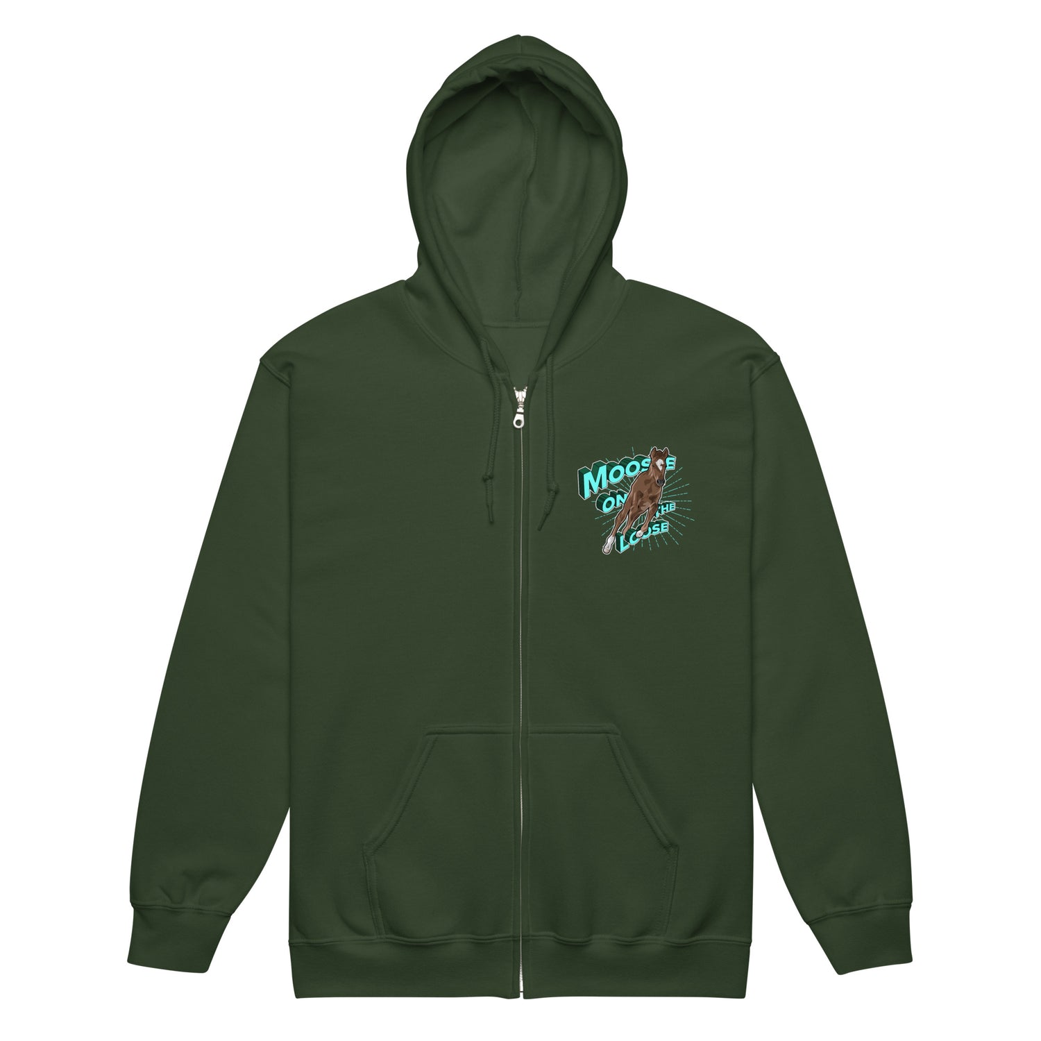 Moose On The Loose Zip-Up Hoodie by Katie Van Slyke - Forest Green