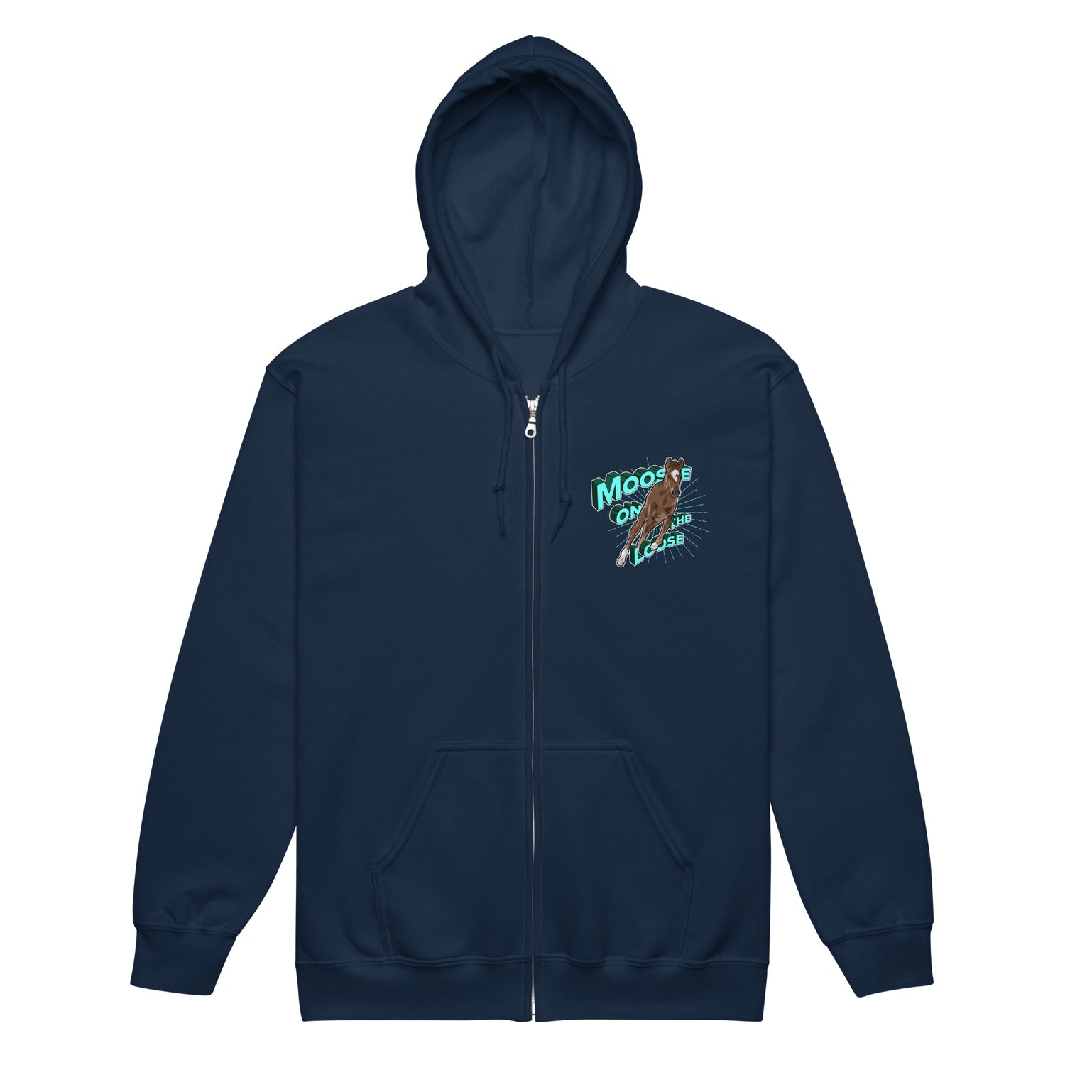 Moose On The Loose Zip-Up Hoodie by Katie Van Slyke - Navy