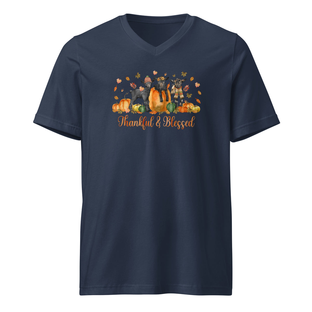Blessed Goaties V-Neck T-Shirt by Katie Van Slyke - Navy