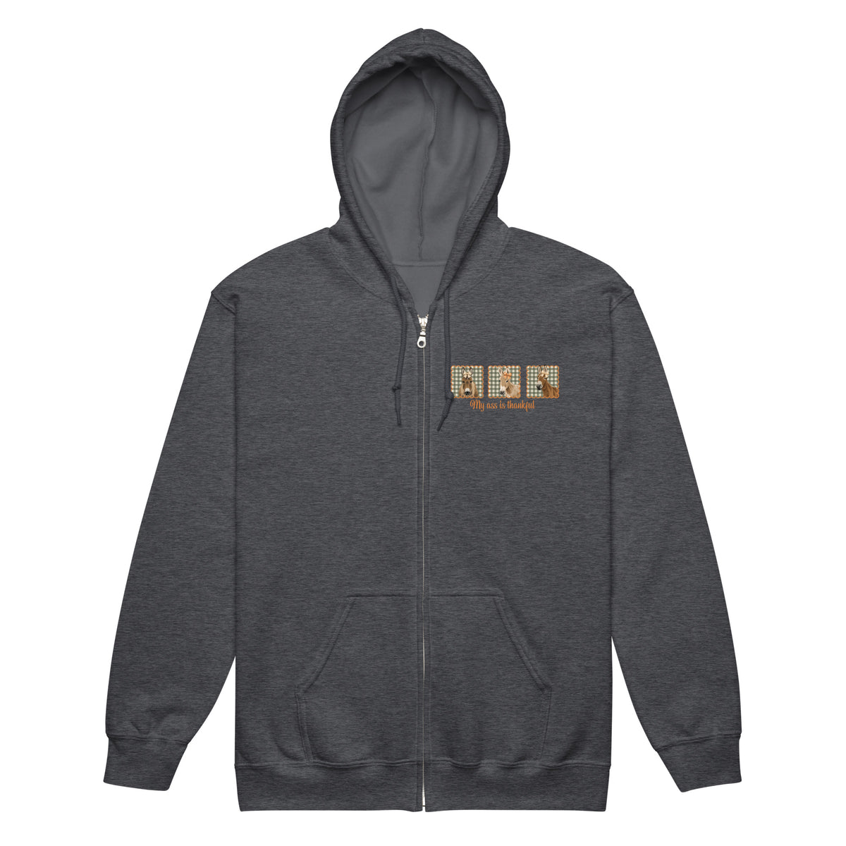 Thankful Donkeys Zip-Up Hoodie by Katie Van Slyke - Dark Heather