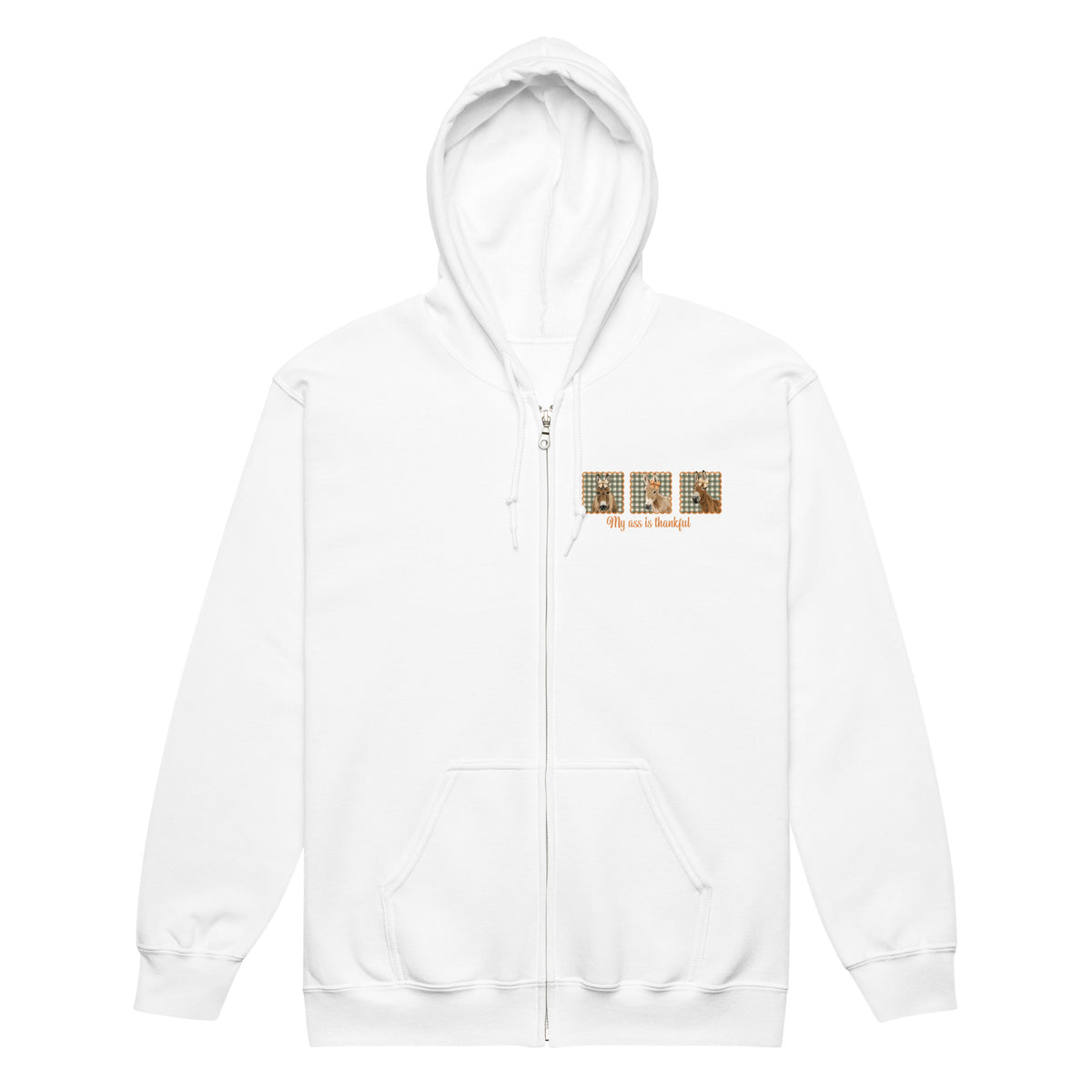 Thankful Donkeys Zip-Up Hoodie by Katie Van Slyke - White