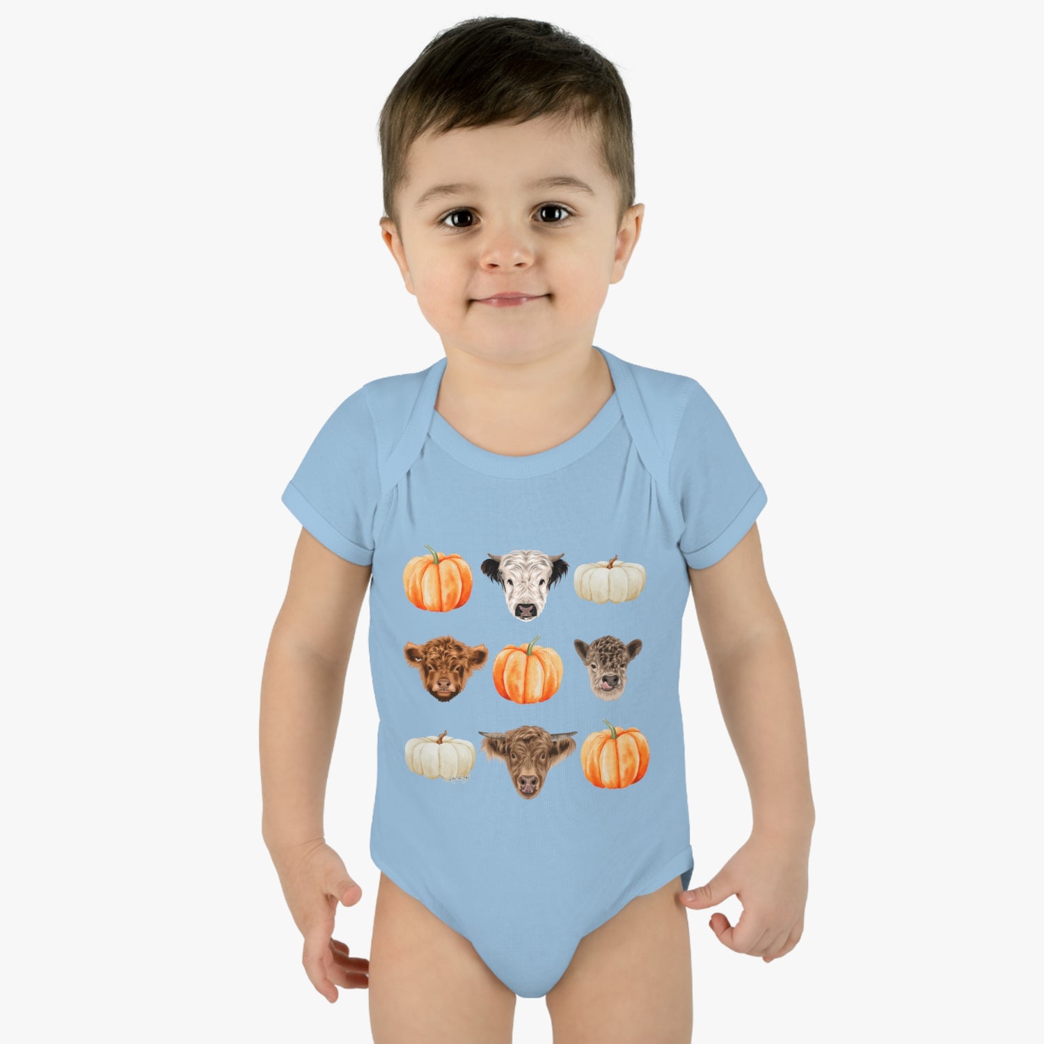 Mini Cows and Pumpkins Infant Onesie by Katie Van Slyke