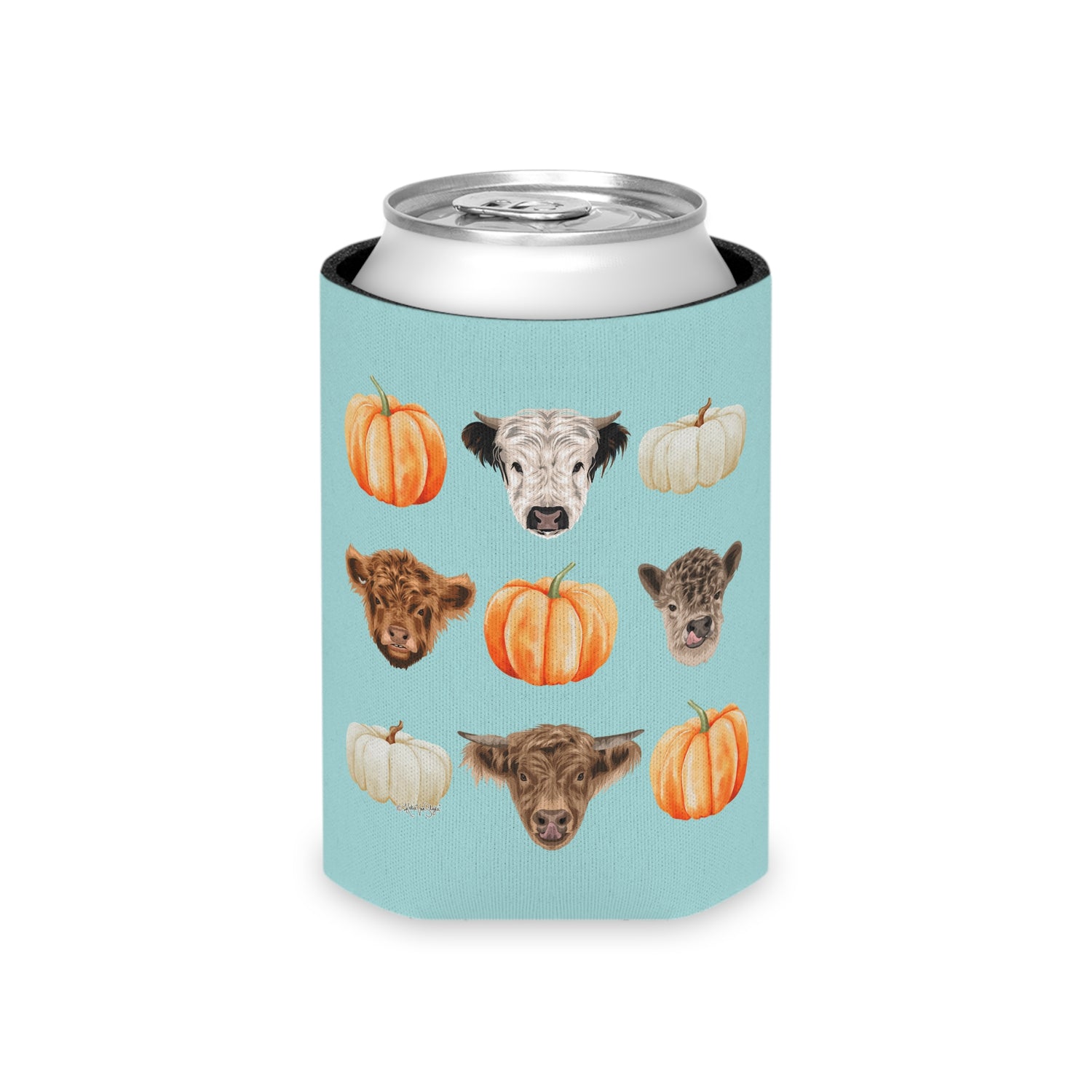 Mini Cows and Pumpkins Koozie by Katie Van Slyke