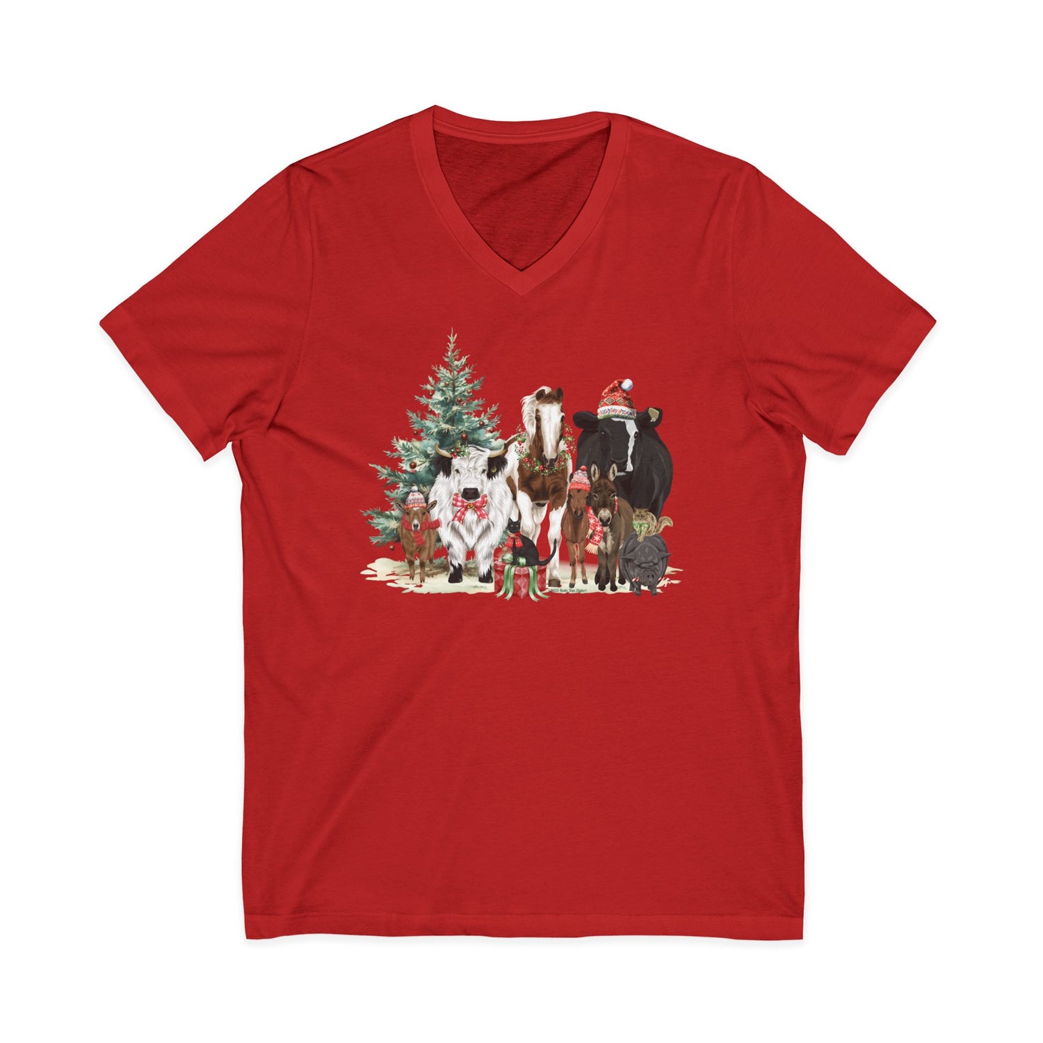 Festive Farm V-Neck T-Shirt by Katie Van Slyke® Red