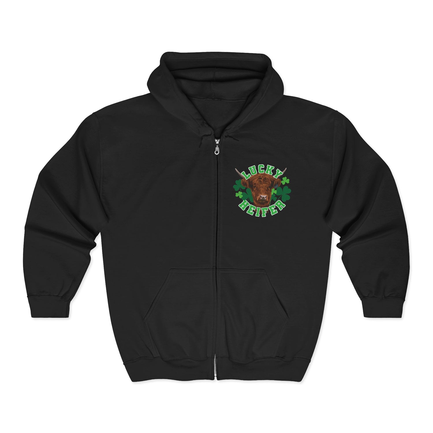 Lucky Heifer Zip-Up Hoodie by Katie Van Slyke® Black
