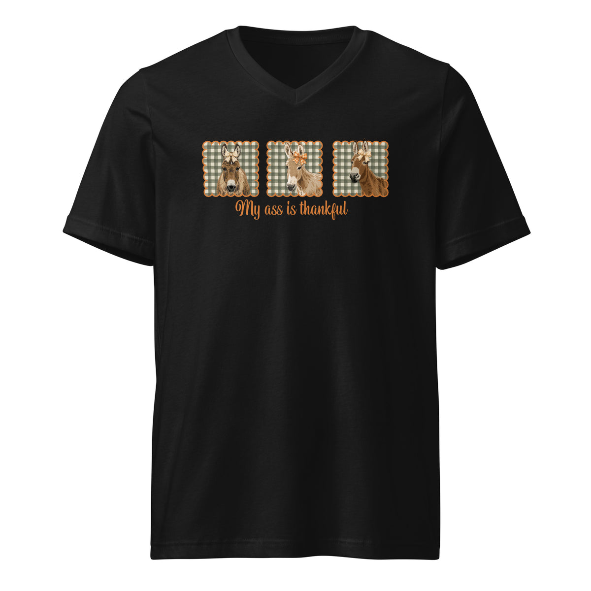 Thankful Donkeys V-Neck T-Shirt by Katie Van Slyke - Black