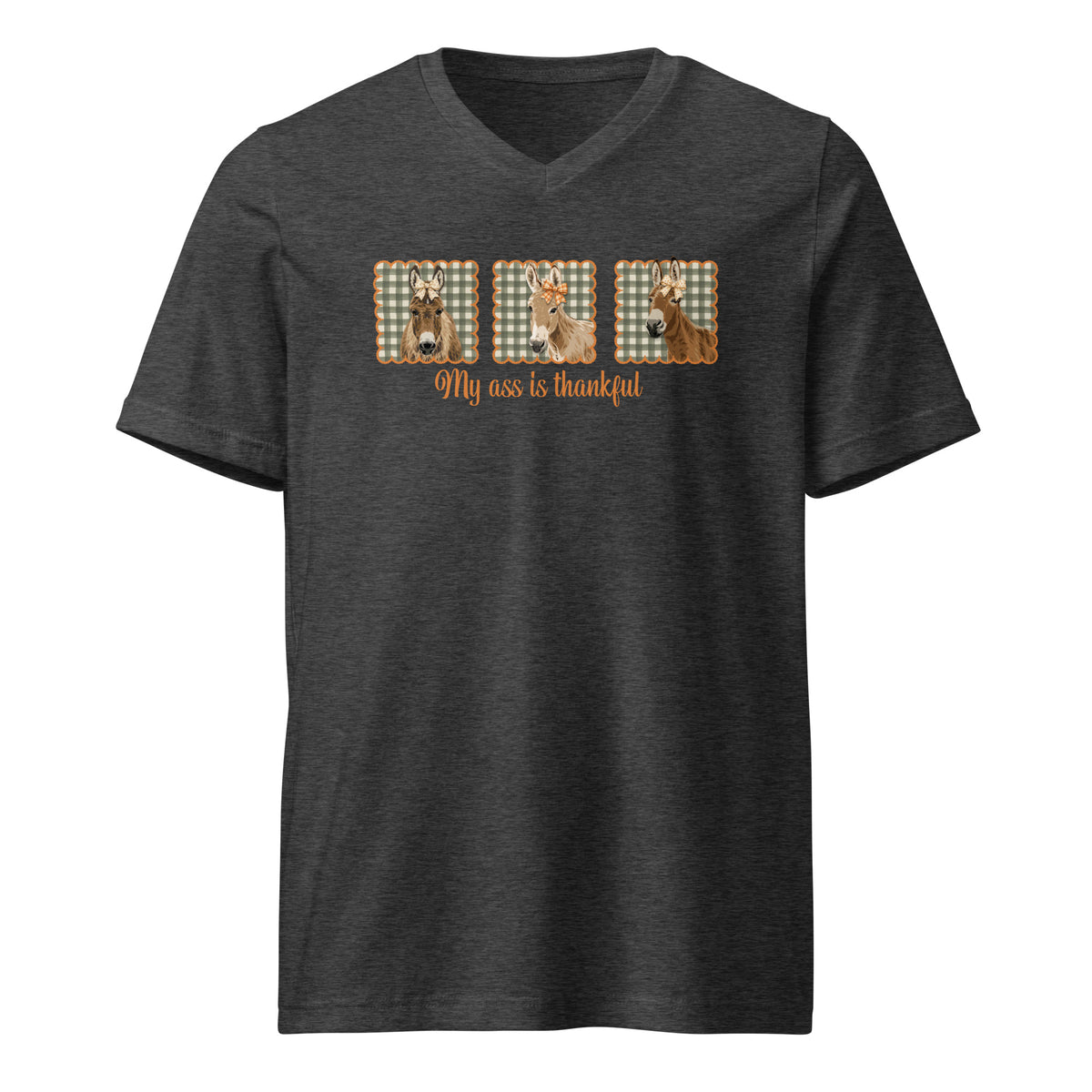 Thankful Donkeys V-Neck T-Shirt by Katie Van Slyke - Dark Grey Heather