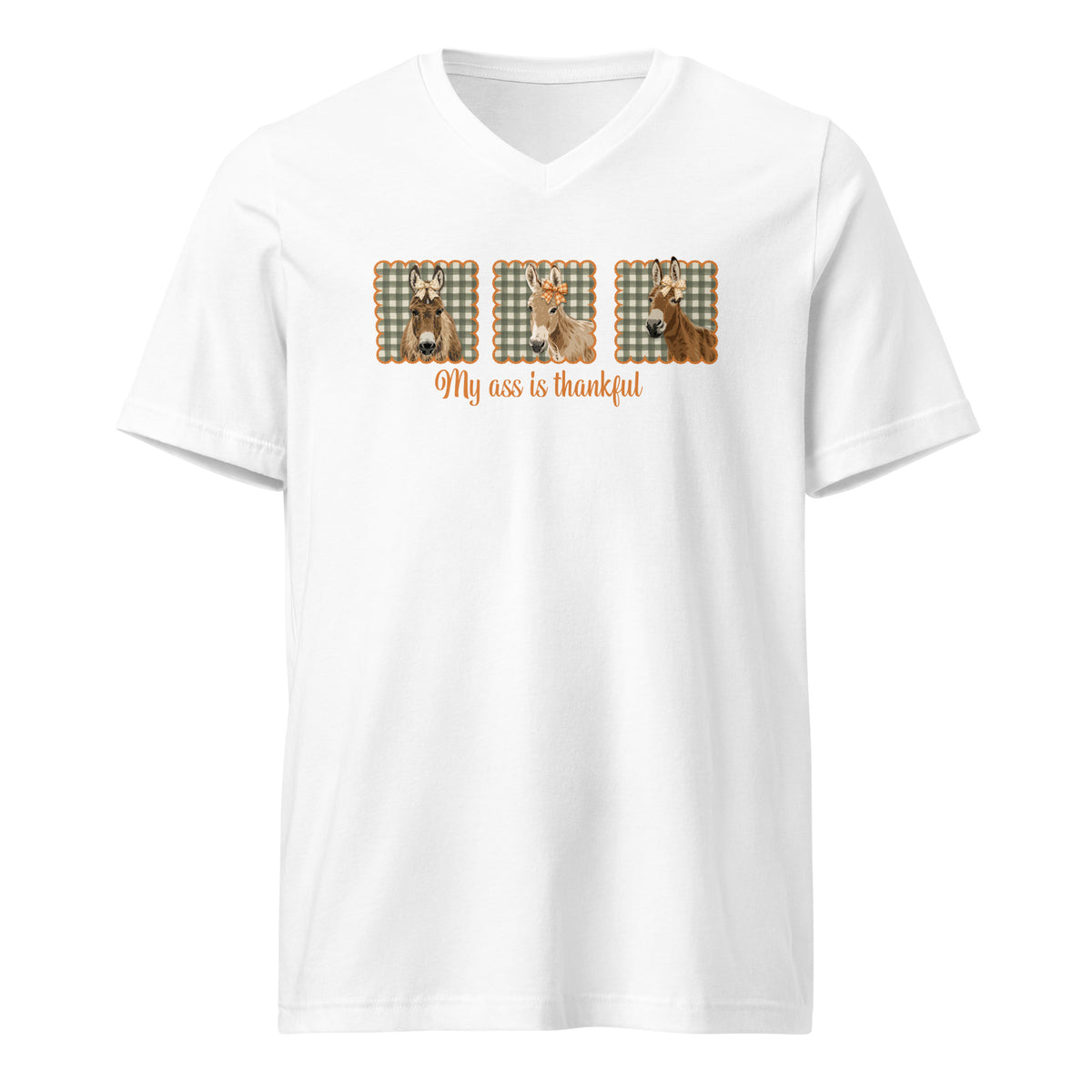 Thankful Donkeys V-Neck T-Shirt by Katie Van Slyke - White