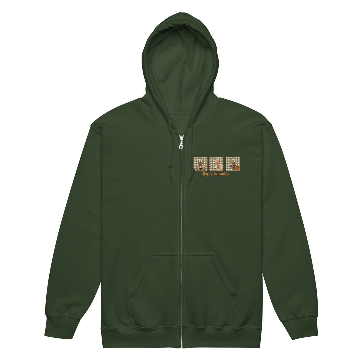 Thankful Donkeys Zip-Up Hoodie by Katie Van Slyke - Forest Green