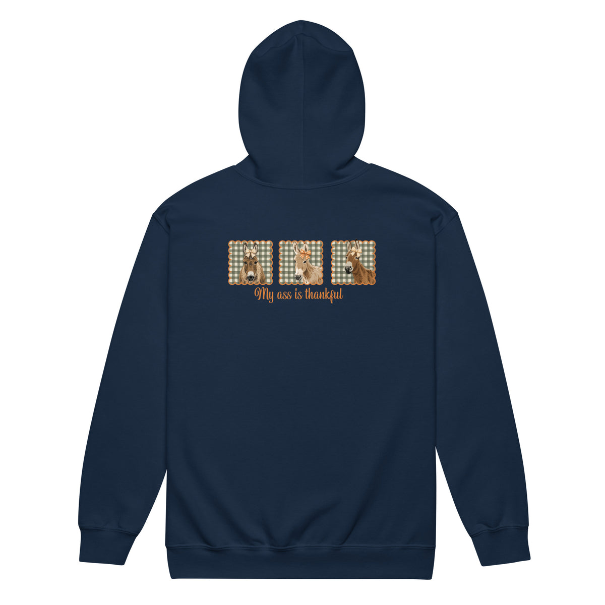 Thankful Donkeys Zip-Up Hoodie by Katie Van Slyke - Navy back
