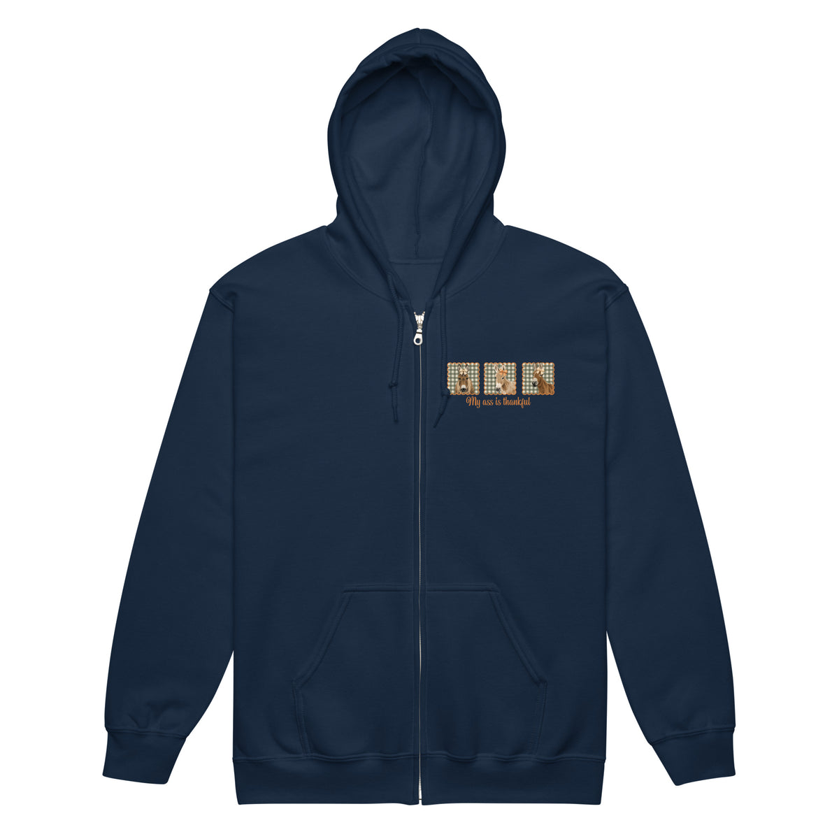 Thankful Donkeys Zip-Up Hoodie by Katie Van Slyke - Navy